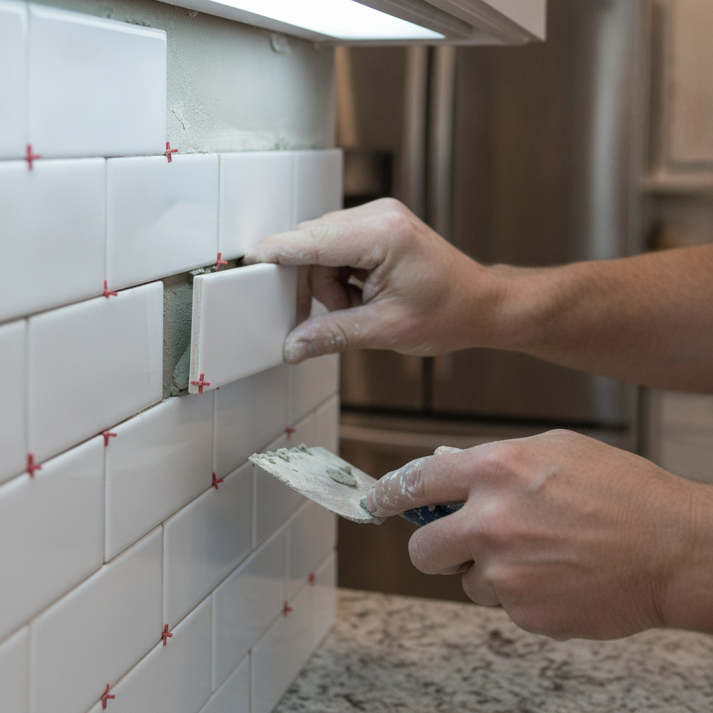 Close-up backsplash install during affordable kitchen renovations in The Meadows with crisp grout lines and subway tile