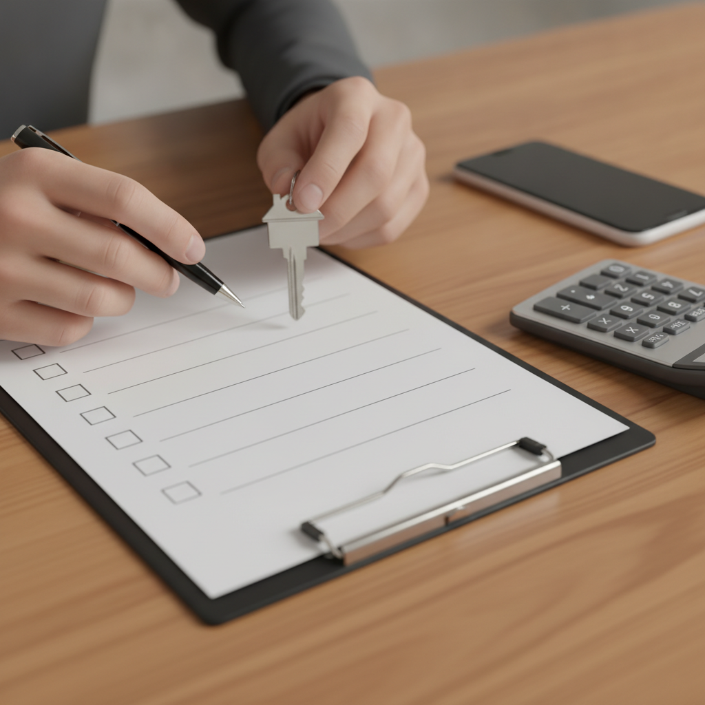 Close-up of Brampton first-time buyer checklist with keys, calculator, and pen ready to sign