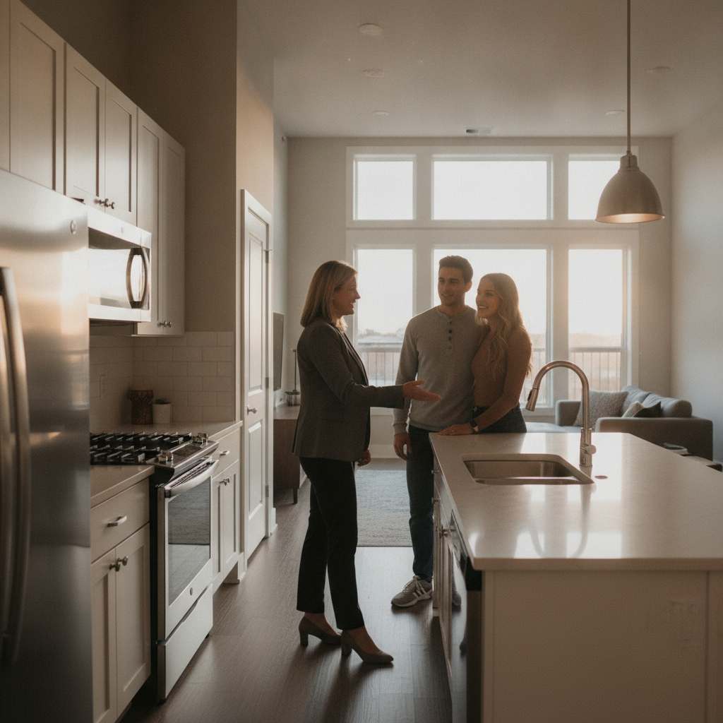 Realtor guiding Brampton first-time buyers through a bright modern townhouse kitchen during a walkthrough