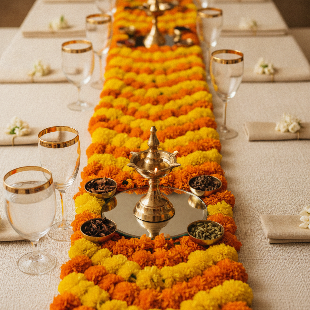 Close-up Gujarati wedding tablescape with marigold garland, gold-rimmed glassware, and elegant London wedding decor