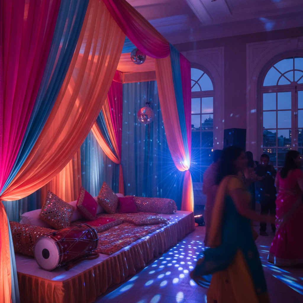 Vibrant London sangeet stage with colorful drapery, LED uplighting, and low seating designed by a full-service planner