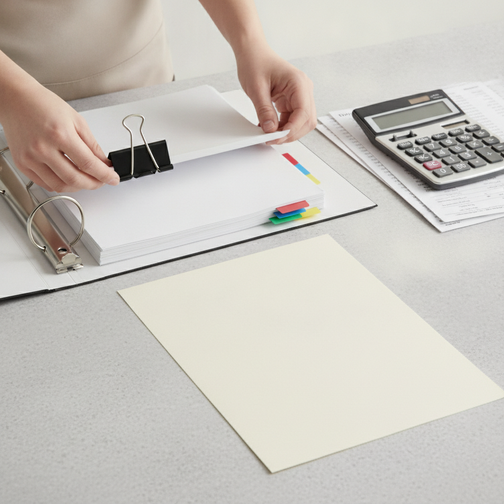 Detail shot of assembling a small-business grant evidence package with calculator and organized tabs