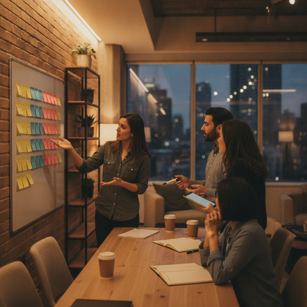 Team aligning grant tasks on a whiteboard in a Toronto co-working space