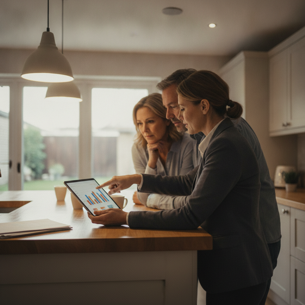 Realtor in Surrey reviewing MLS comps with homeowners at a kitchen island to set a data-backed list price