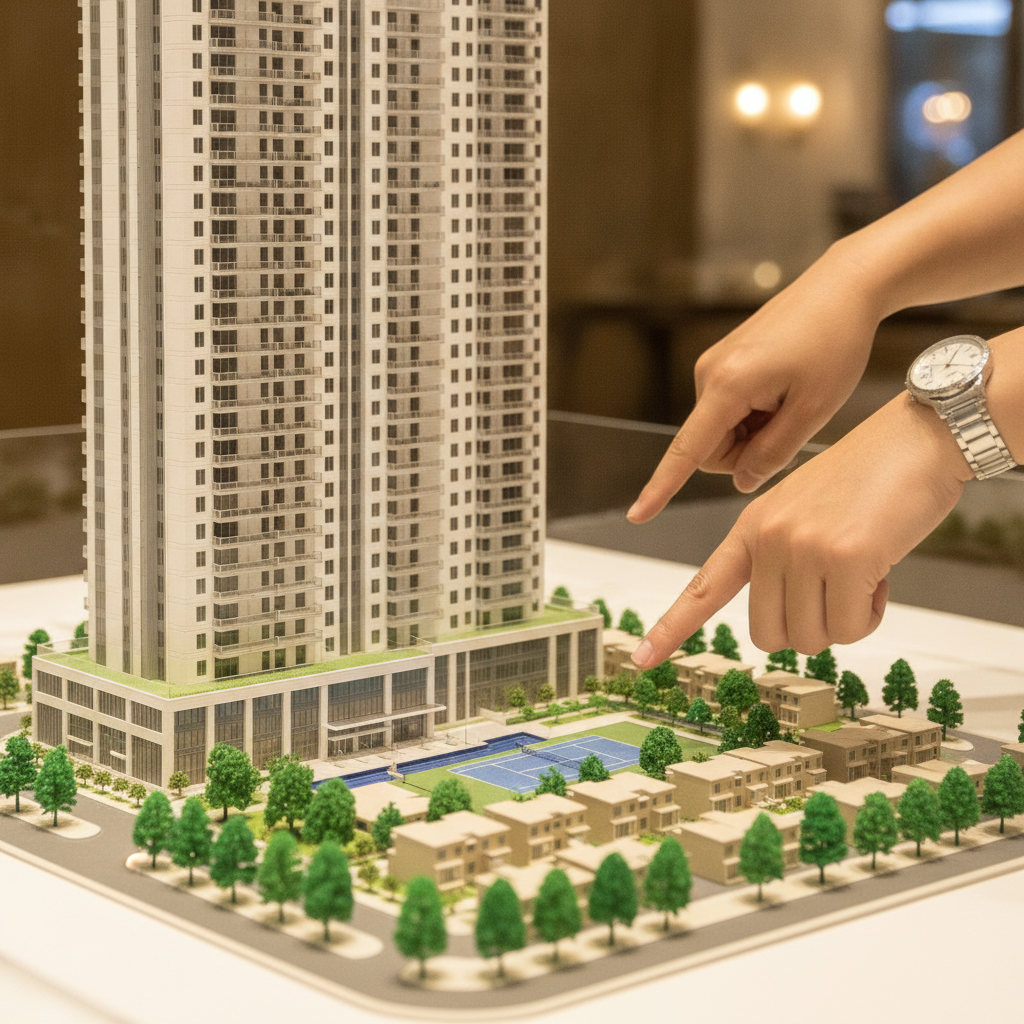 Close detail of a condo scale model and hands assessing floor plan efficiency for Peel Region pre construction