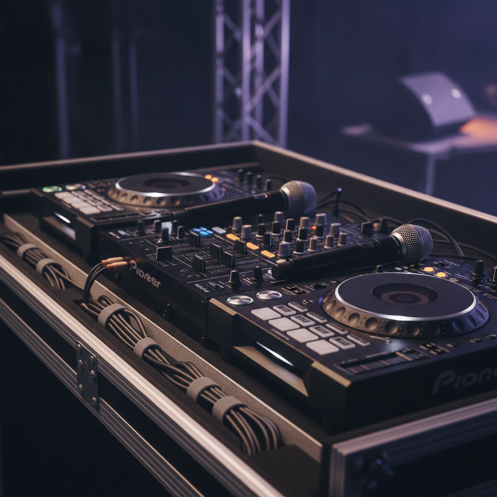 DJ controller, mixer, and wireless microphones staged for a community event DJ checklist setup in Oakville with tidy cable management and uplighting