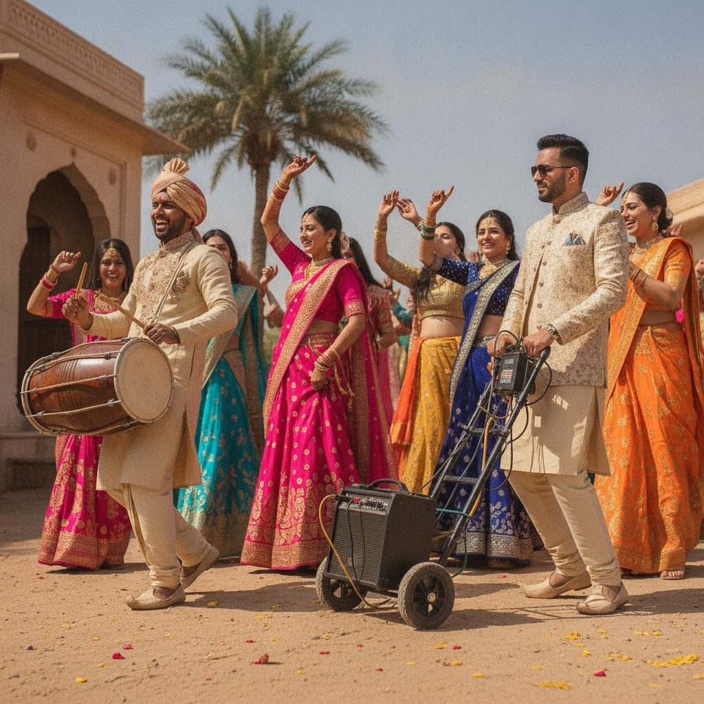 Outdoor baraat-style procession in Oakville with a dhol drummer leading beside a portable PA speaker during a community celebration