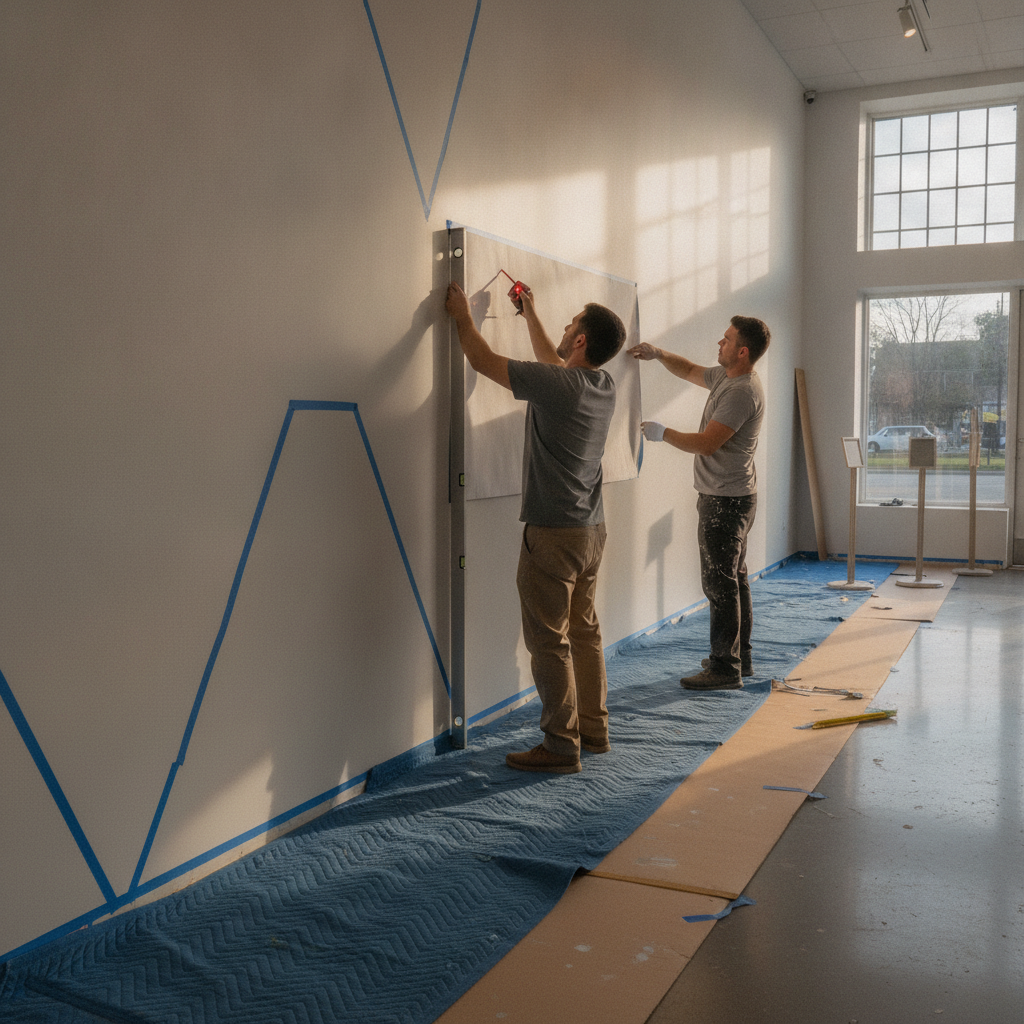 Installers in a retail interior marking a wall with laser measure and painter’s tape during mural site coordination