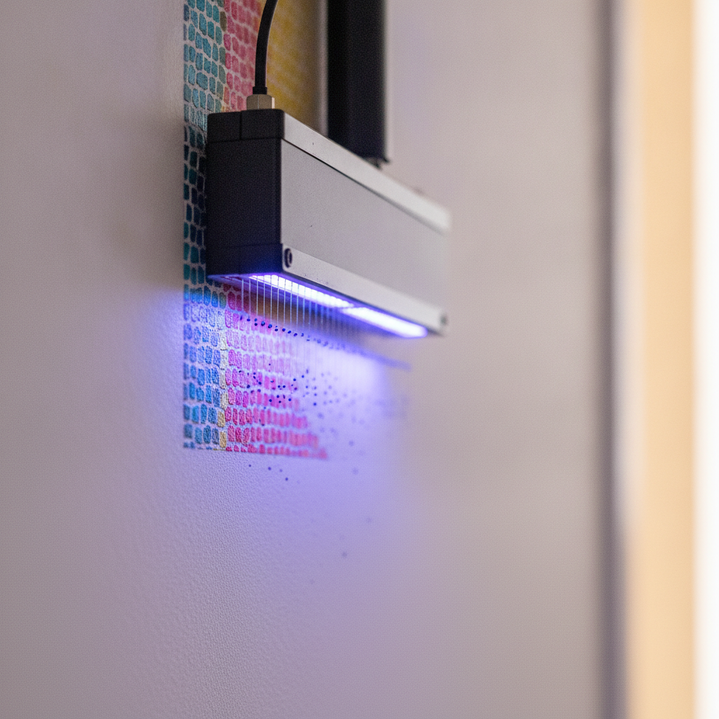 Close-up of UV wall printing printhead curing ink on a prepared interior wall, showing high-resolution UV printing detail