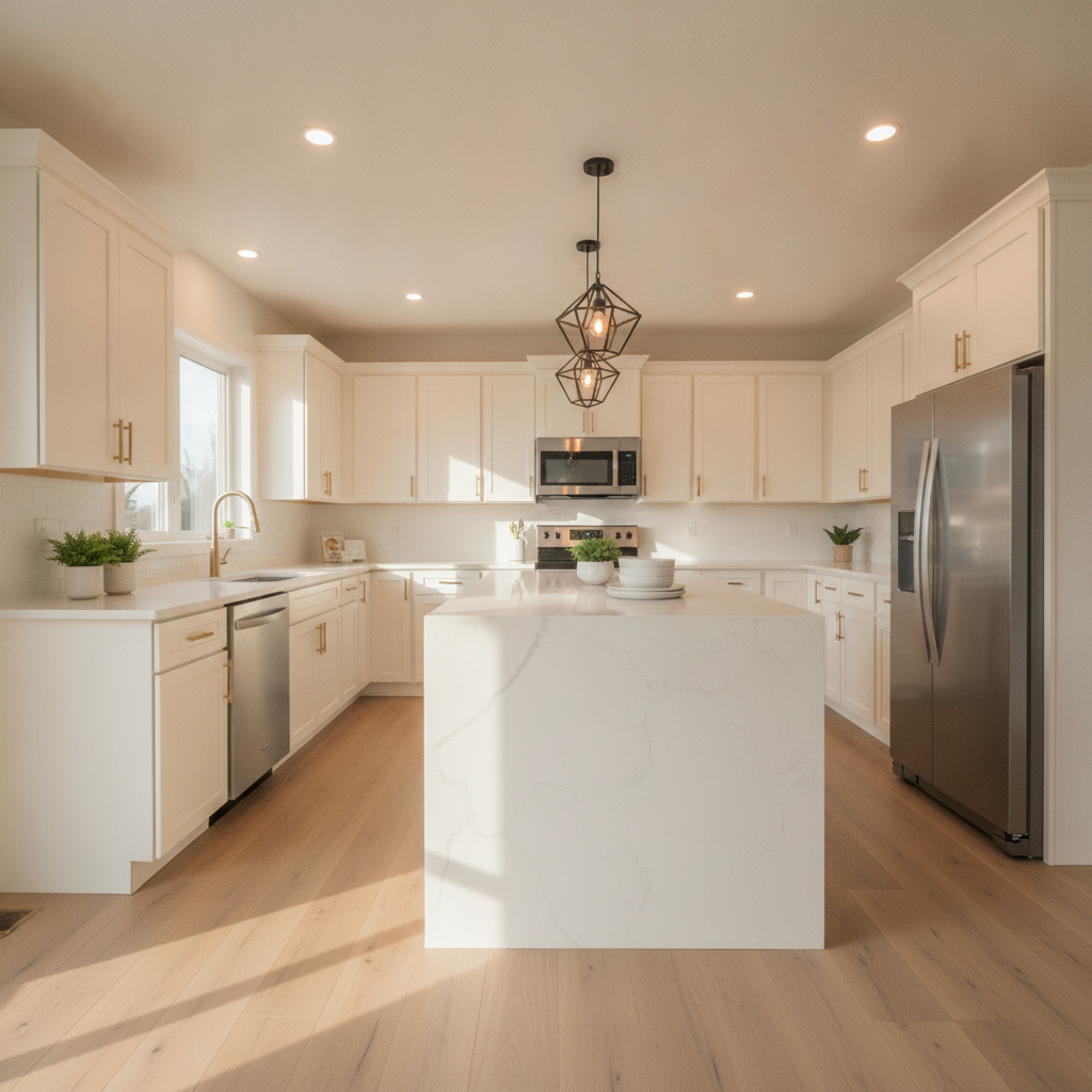 Modern Edmonton kitchen remodel with shaker cabinets, quartz counters, and island seating in The Meadows