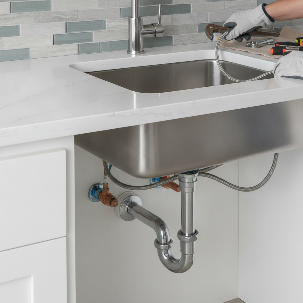 Detail of quartz countertop and under‑mount sink install with visible plumbing hookups during an SSJ kitchen remodel