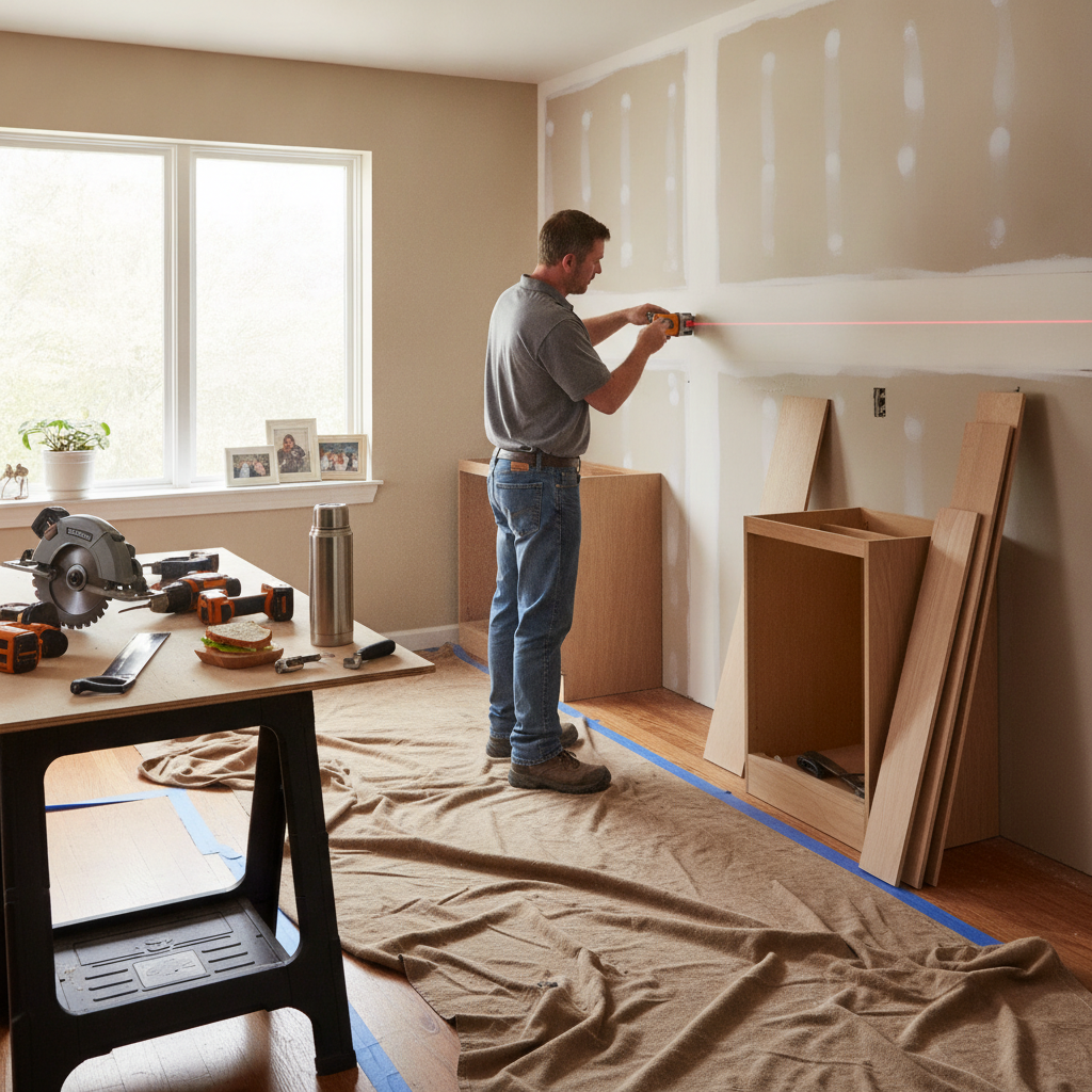 SSJ contractor measuring for custom kitchen cabinets during a The Meadows renovation