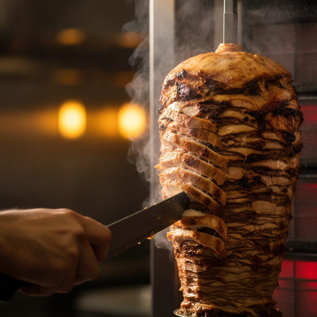 Close-up of chicken shawarma carved for Toronto party catering ideas with halal-friendly menu