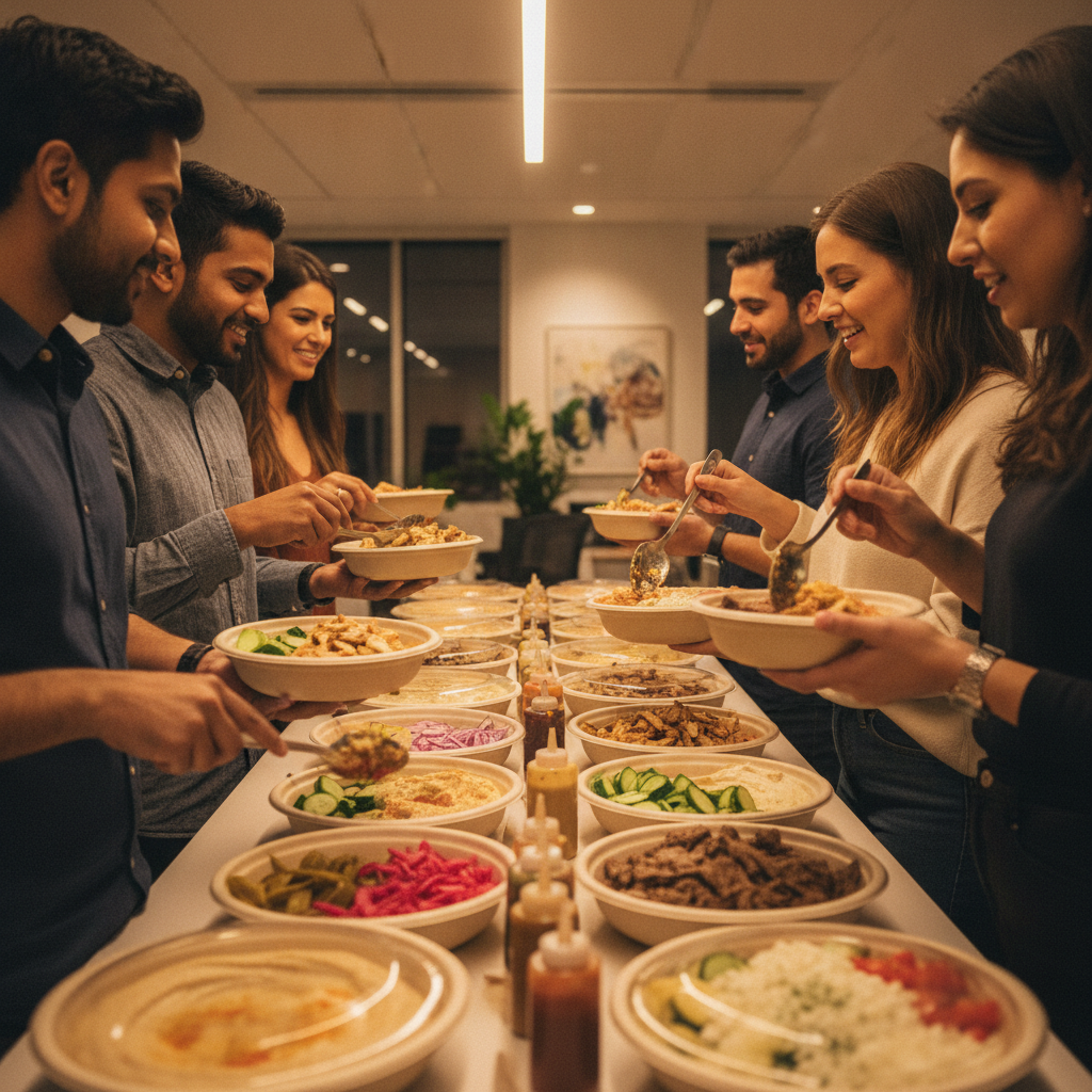 Office buffet line using build-your-own shawarma bowls for Toronto party catering in Old Toronto