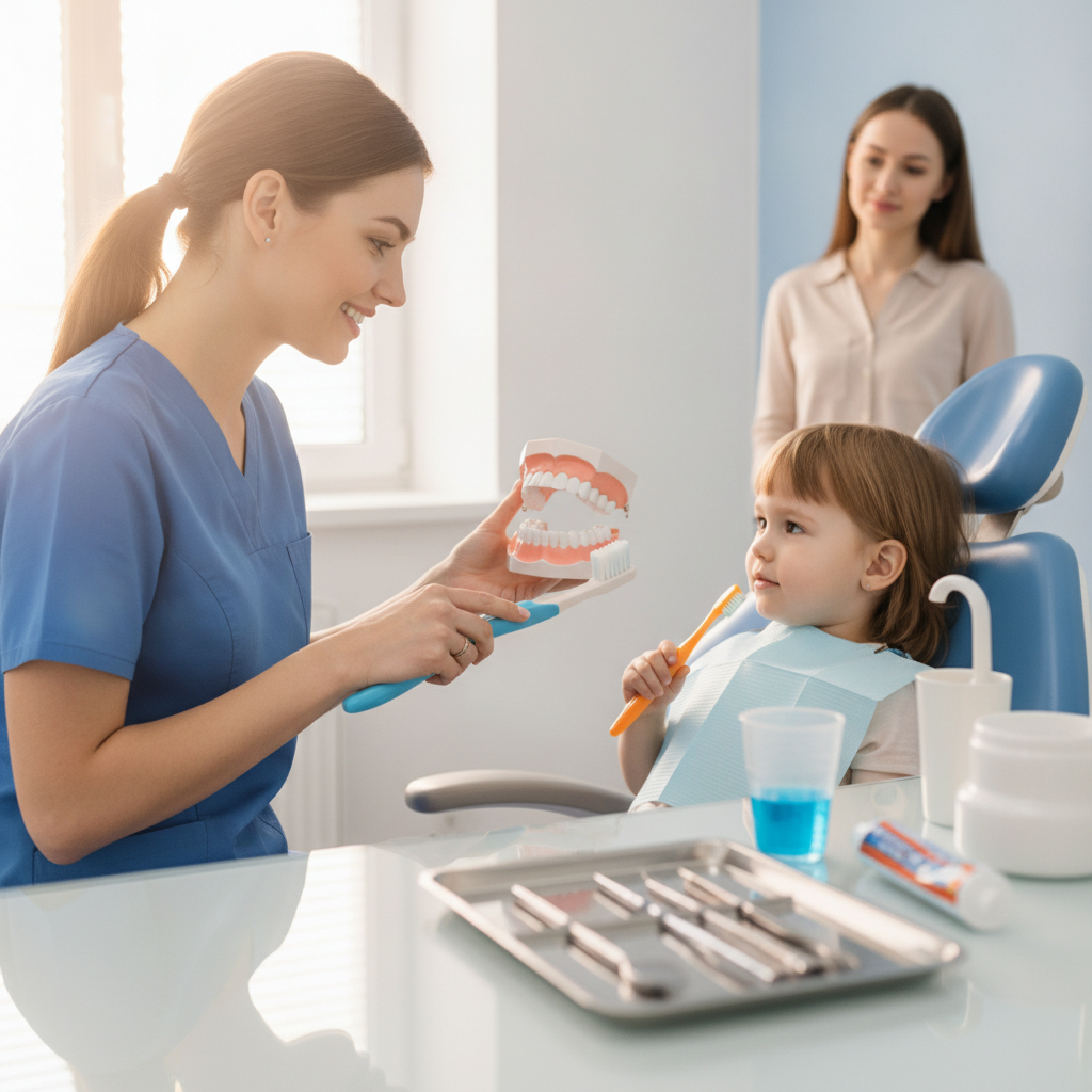 Family-friendly hygienist in Scarborough demonstrating brushing technique during a first dental visit