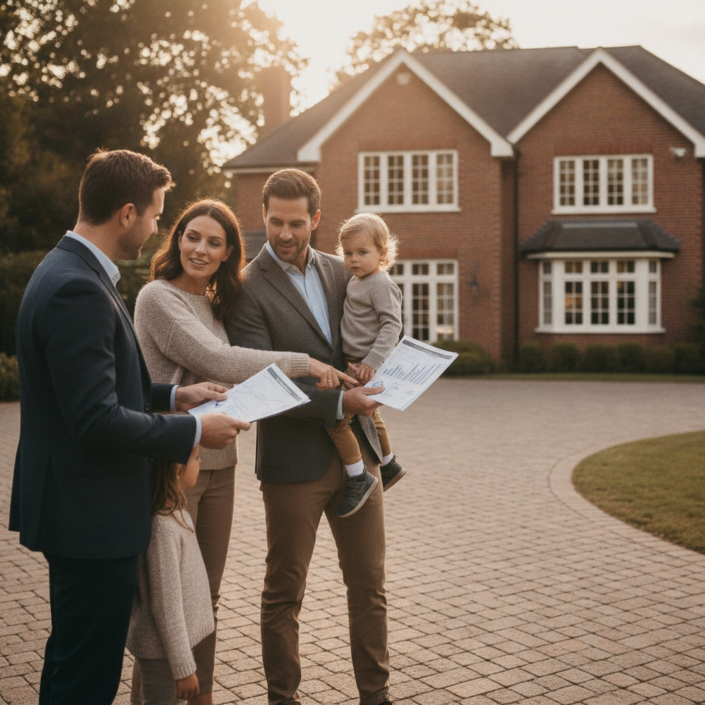 Cambridge family meeting their realtor outside a detached brick home to review GTA comparables and next steps