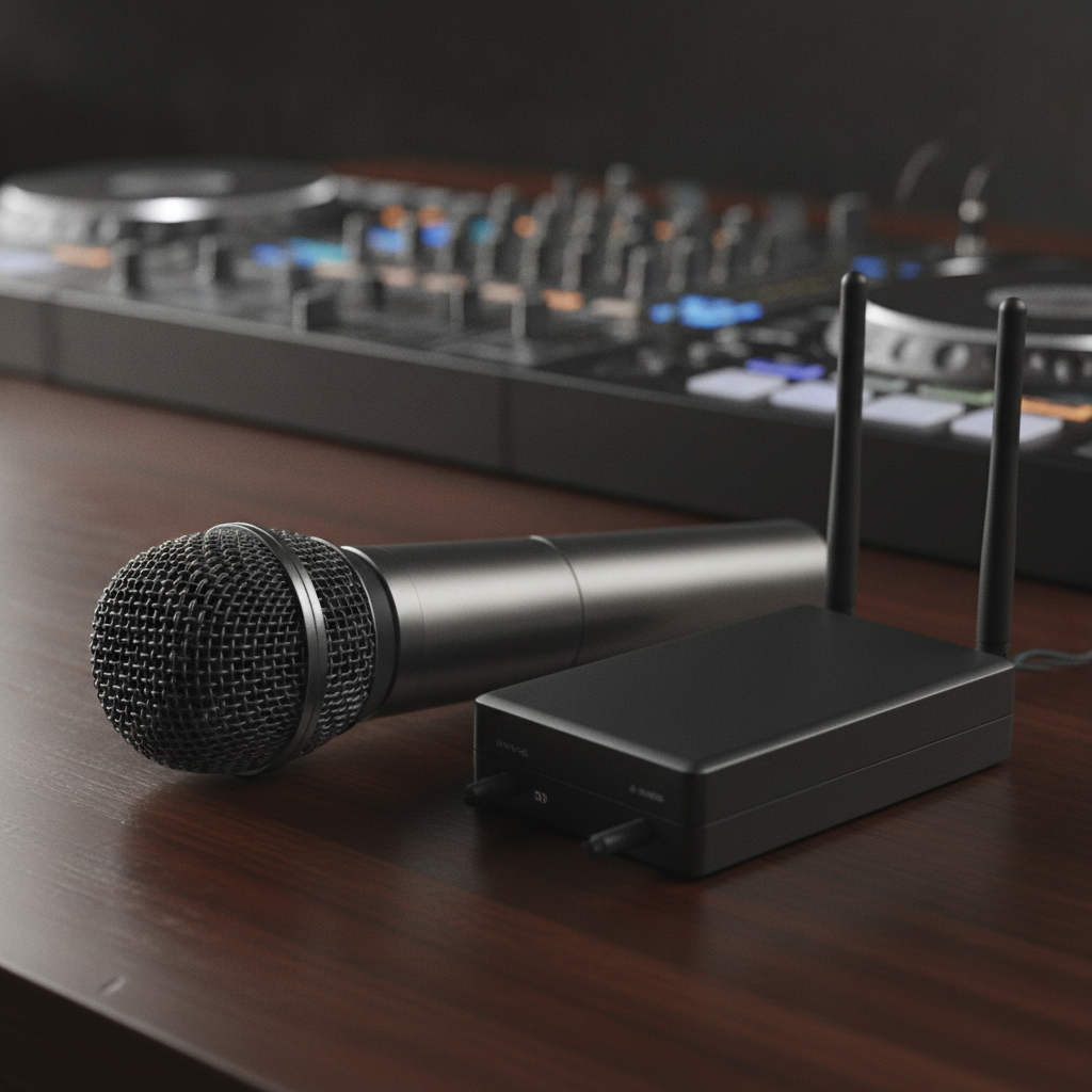 Wireless microphones and DJ mixer prepared for an Oakville wedding sound system checklist