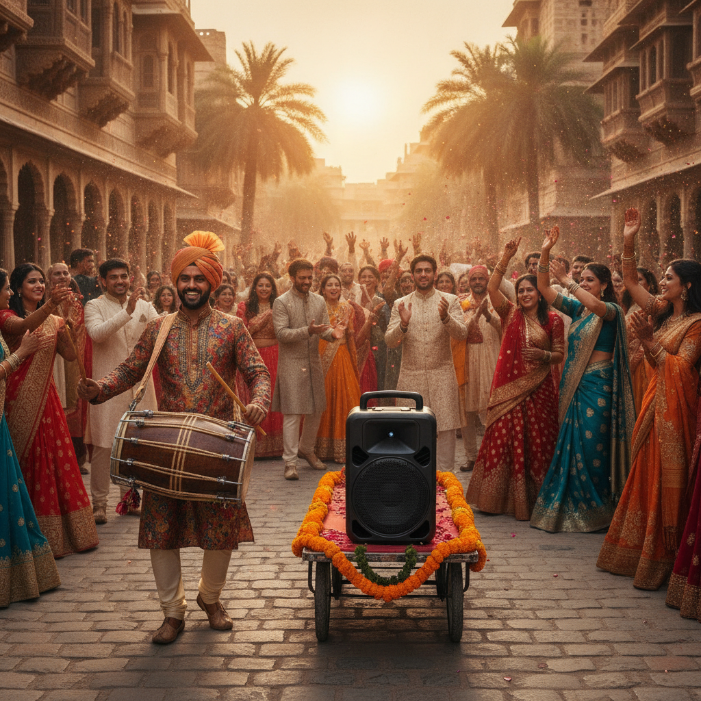 Oakville baraat with dhol and mobile speaker leading guests before wedding ceremony