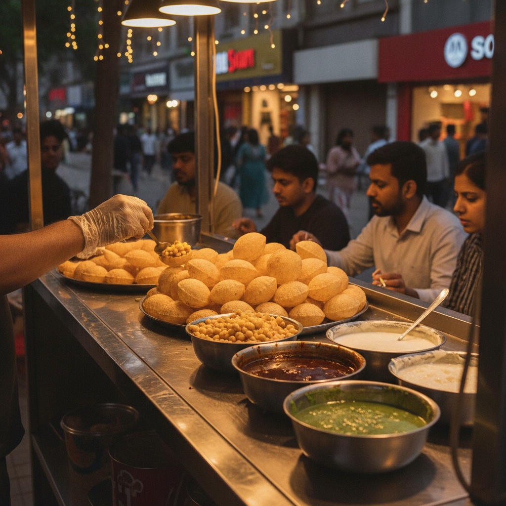 Street-style Indian chaat being assembled with golgappa shells, chickpeas, potatoes, chutneys, and yogurt in a lively Brampton restaurant