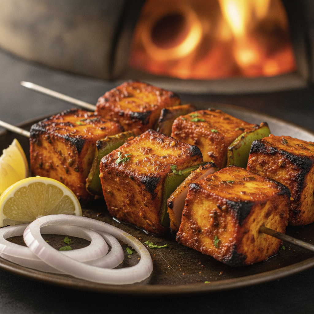 Close-up of tandoori paneer tikka skewers with char and warm Indian spices, a signature Indian appetizer