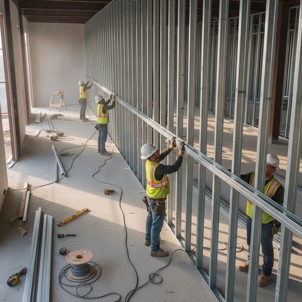 Installers bracing a tall corridor wall with bridging channel between heavy-gauge 3-5/8 inch steel studs
