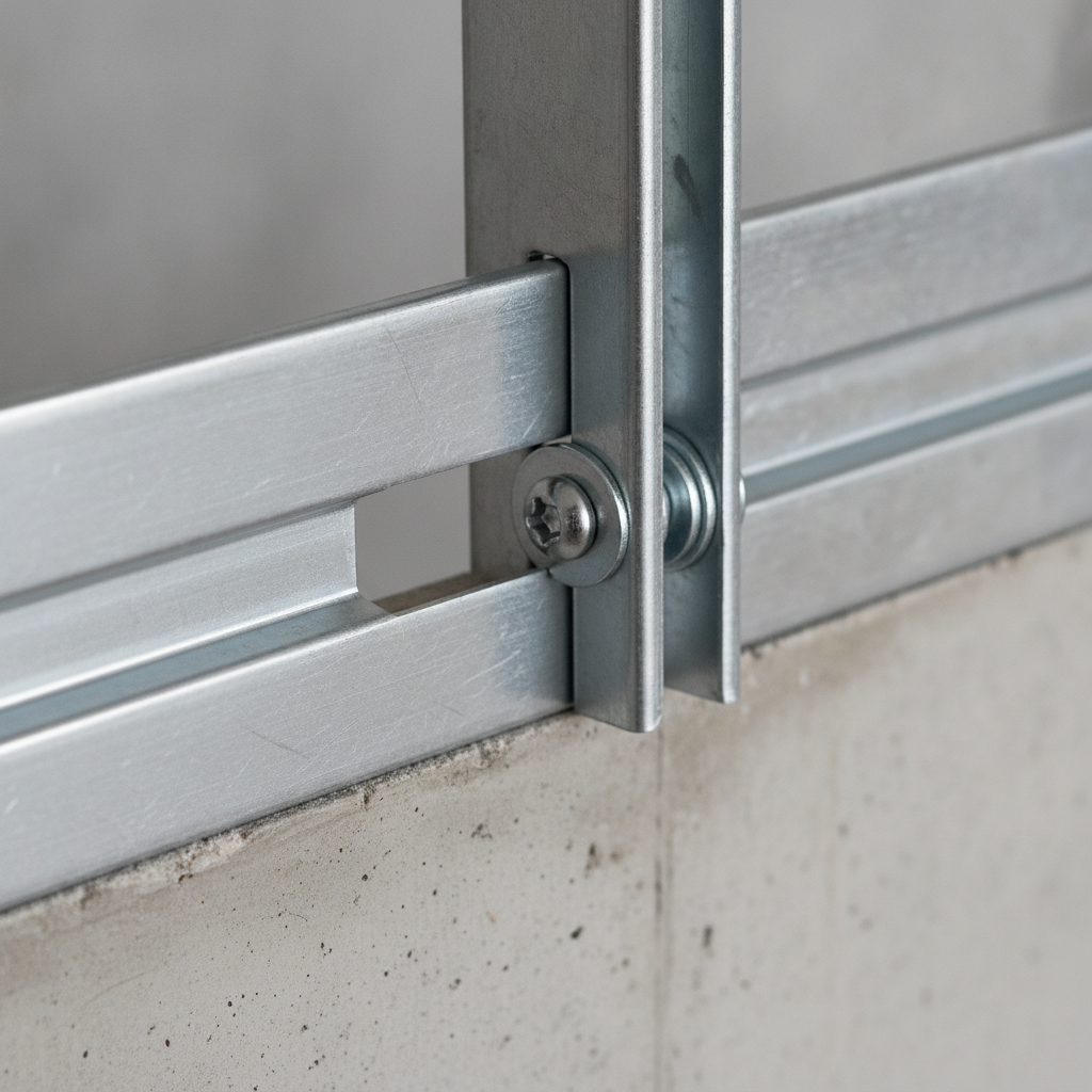 Slotted deflection track close-up with light-gauge drywall stud fastened through elongated slot for head-of-wall movement