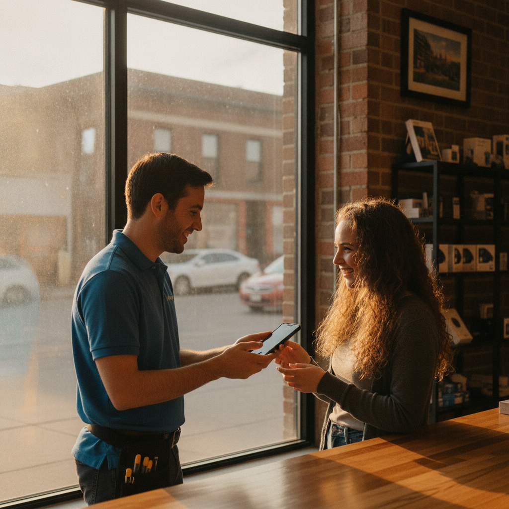 Technician handing a repaired smartphone to a customer at a Southview shop window at golden hour
