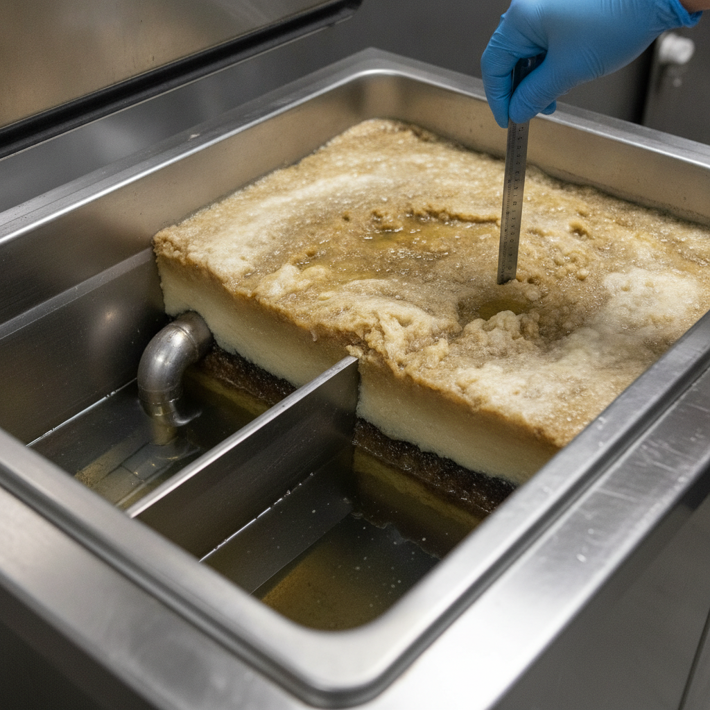 Close-up of an open commercial grease trap with baffles and FOG cap; inspection detail for how to choose grease trap service