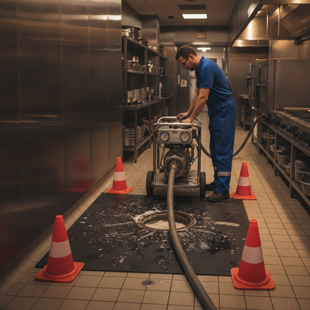 Technician operating a portable pumping unit with spill mat and cones; professional grease trap service standards in a commercial corridor