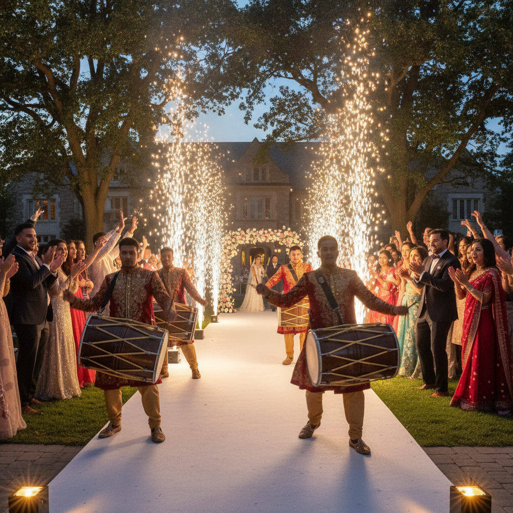 Grand entrance in Oakville with live dhol and synchronized cold spark fountains lining the runway for a choreographed wedding reveal