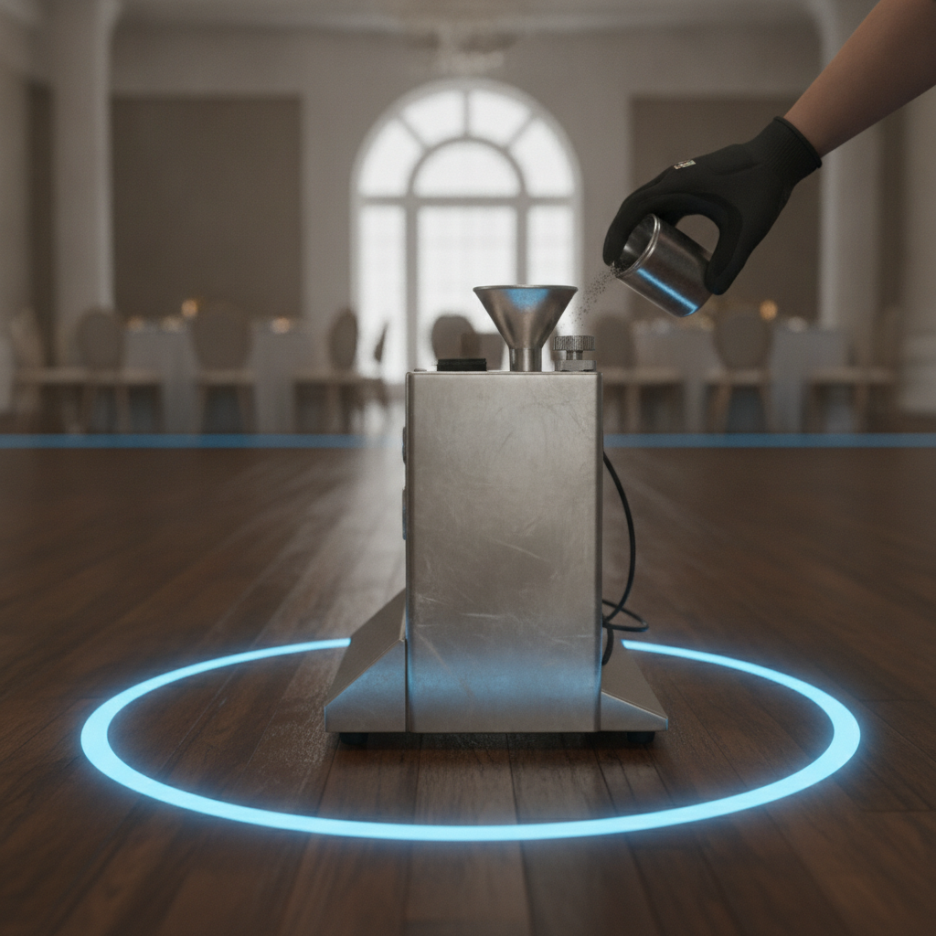 Close-up of a cold sparkler machine on a ballroom floor with marked safety clearance zones for an Oakville wedding