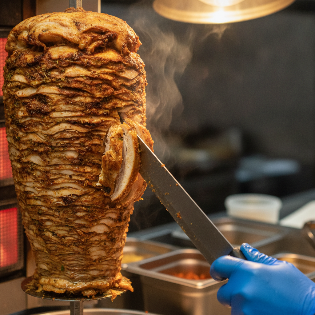 Close-up of chicken shawarma carved for Old Toronto delivery with crispy edges and warm spices