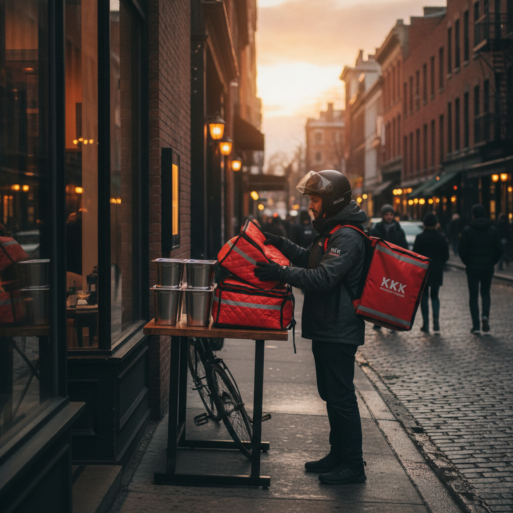 Courier loading insulated catering trays for an Old Toronto office lunch delivery at dusk