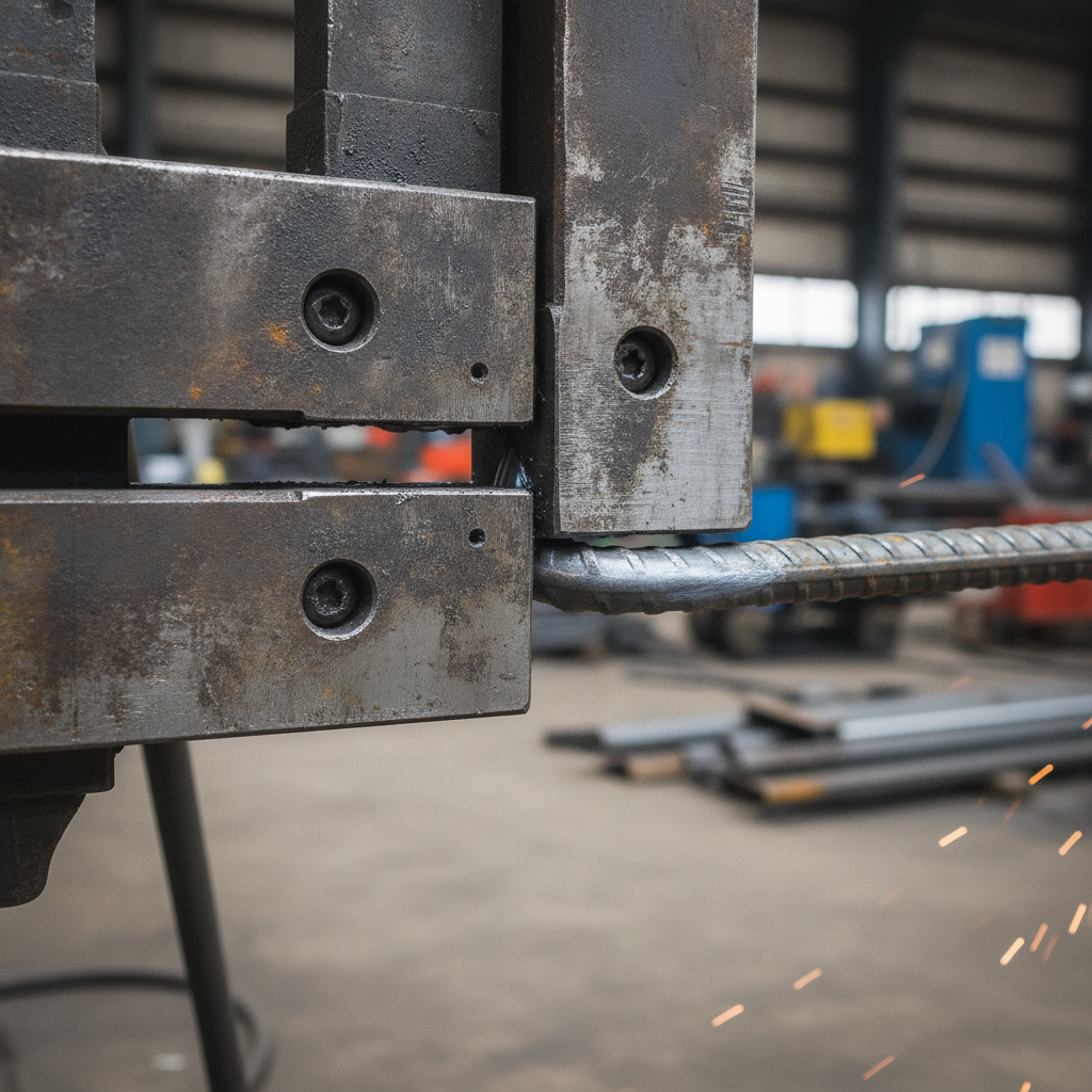 Close-up of a hand held rebar bender gripping 15M rebar to form a precise 90‑degree bend on site