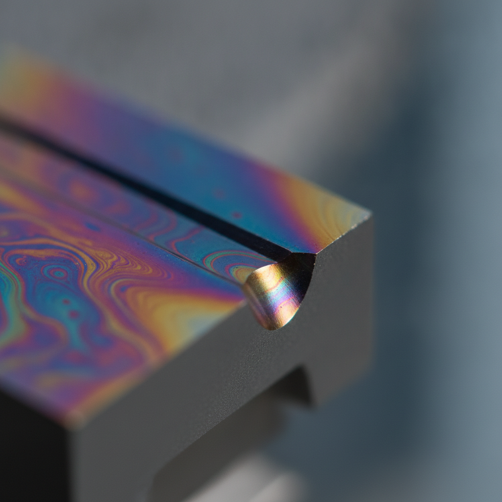 Macro detail of a DLC PVD coating on a cutting insert showing smooth microtexture and thin-film interference, illustrating low-friction performance coatings for precision machining