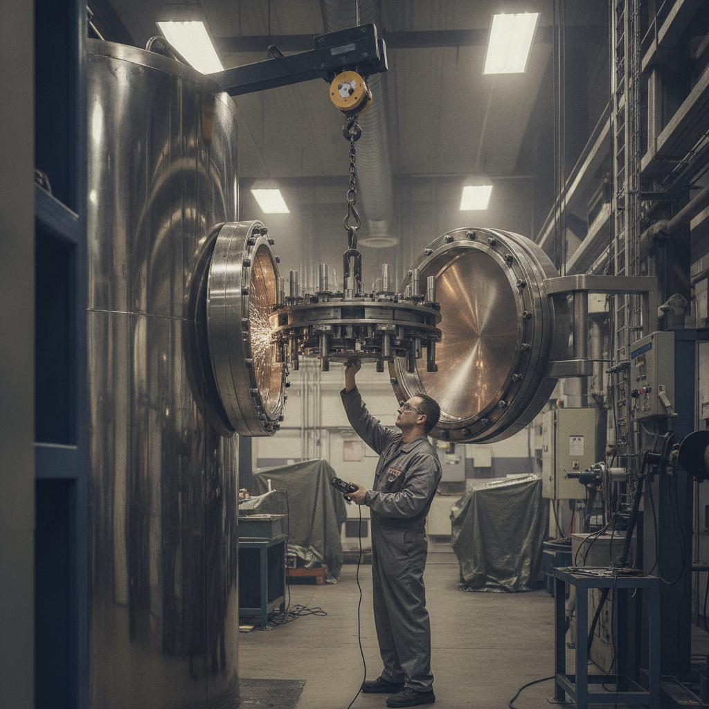 Technician loading fixtured tooling into a tall PVD chamber in a clean industrial shop, illustrating production-ready performance coating workflow