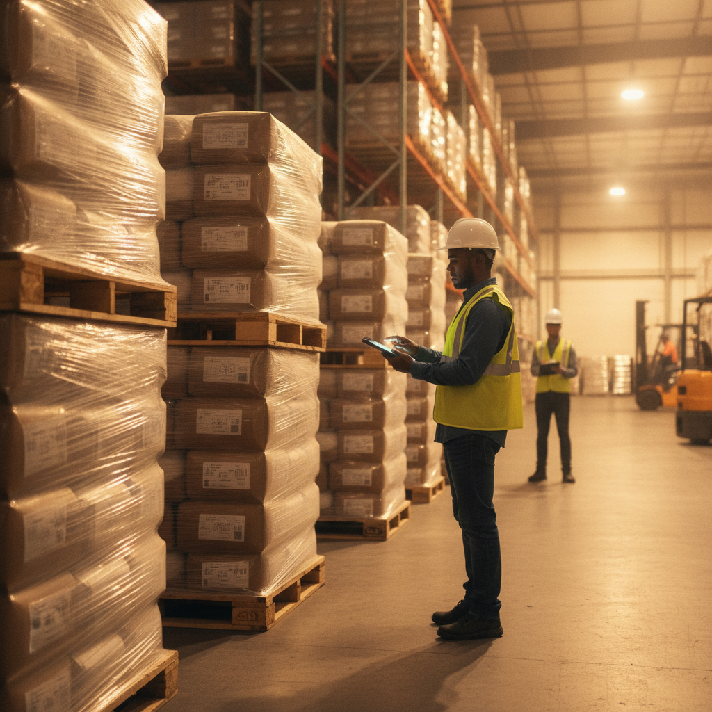 Warehouse inspection in the United States for feed additive pallets, verifying lot traceability and supply reliability