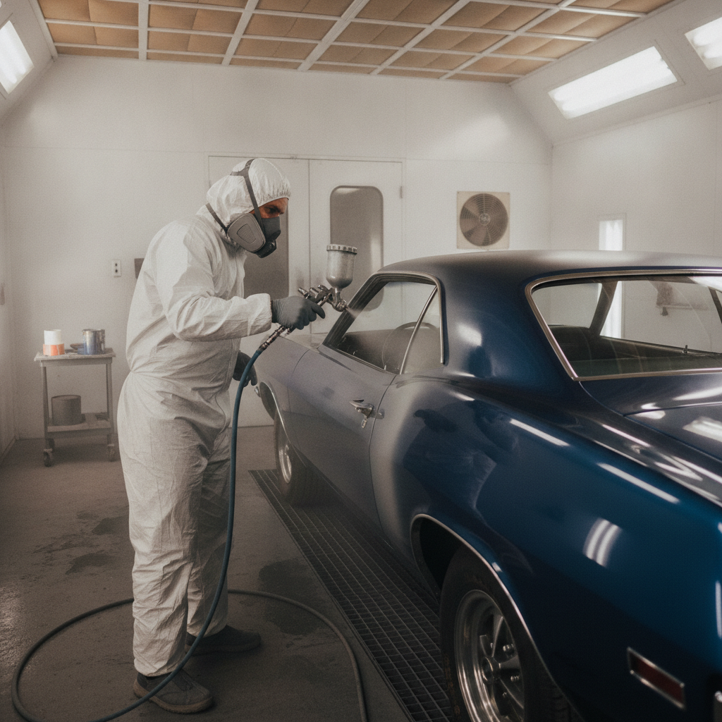 Painter applying blended clearcoat on a rear quarter panel to ensure seamless paint matching after body repair