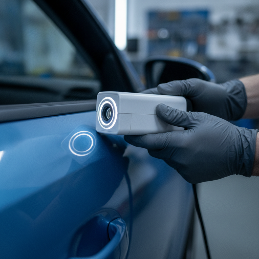 Spectrophotometer measuring car paint color for accurate paint matching after body repair in Burnaby