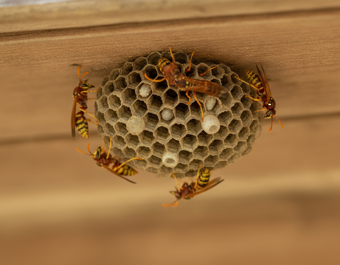 Close-up of an active paper wasp nest under a soffit in Oshawa, showing hexagonal comb and worker wasps during the removal process