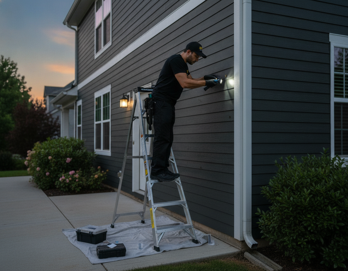 Technician sealing exterior gaps around siding and window trim after wasp nest removal to prevent re-nesting on an Oshawa home