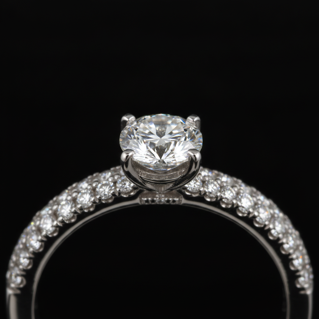 Shop engagement rings close-up: round brilliant solitaire in 14k white gold with prong setting detail