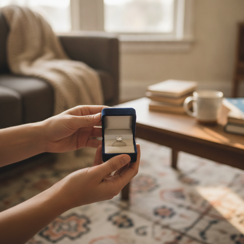 Shop engagement rings lifestyle: opening a ring box at home, natural light highlighting sparkle