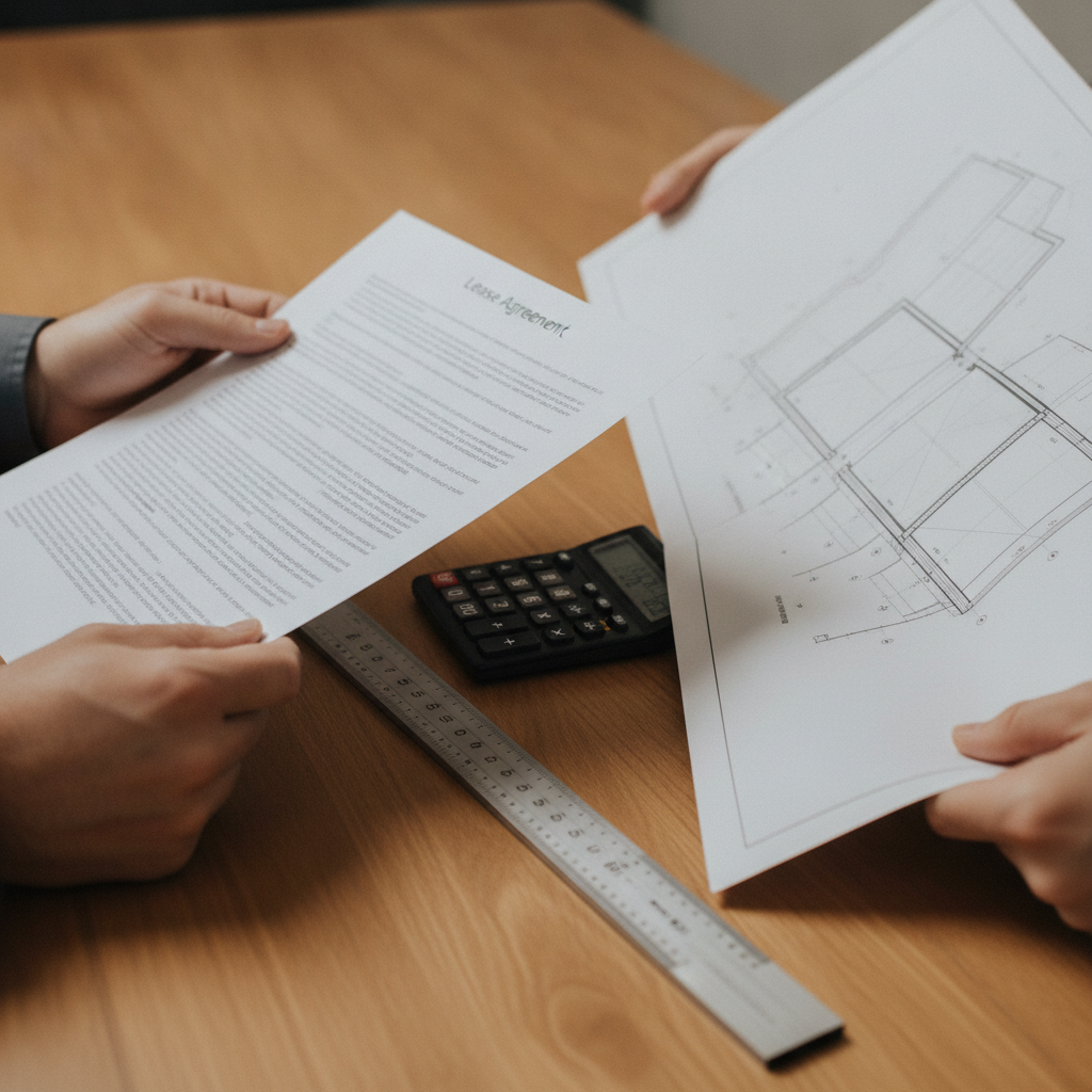 Commercial real estate agent reviewing a triple‑net lease and site plan with calculator and scale for accurate underwriting