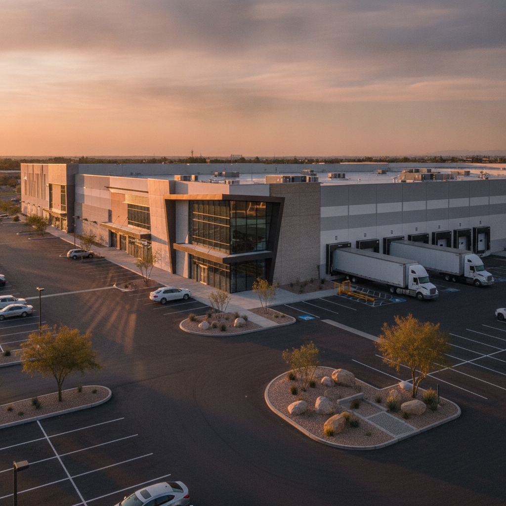 Retail plaza with warehouse bays showing parking, access, and loading features a commercial real estate agent evaluates