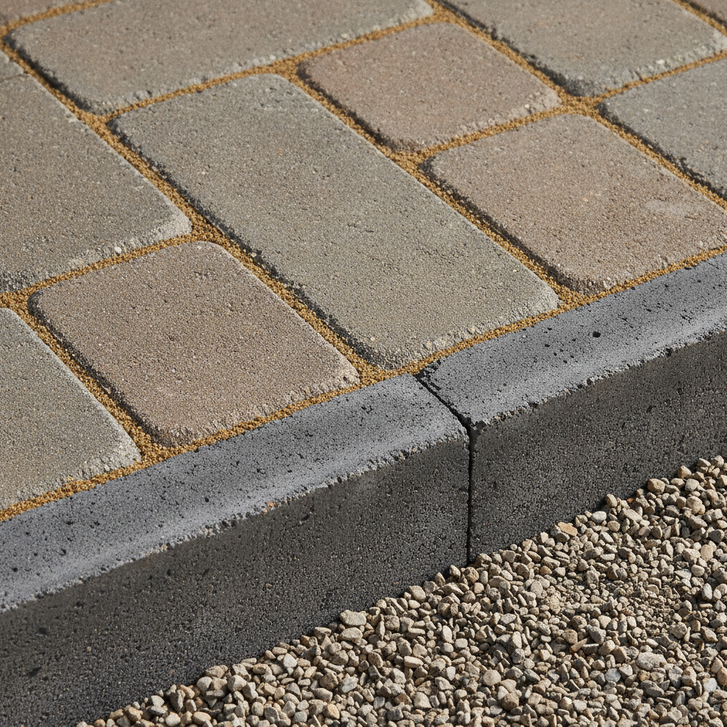 Close view of interlocking paver edge restraint with polymeric sand and compacted aggregate base, Mississauga driveway or patio detail