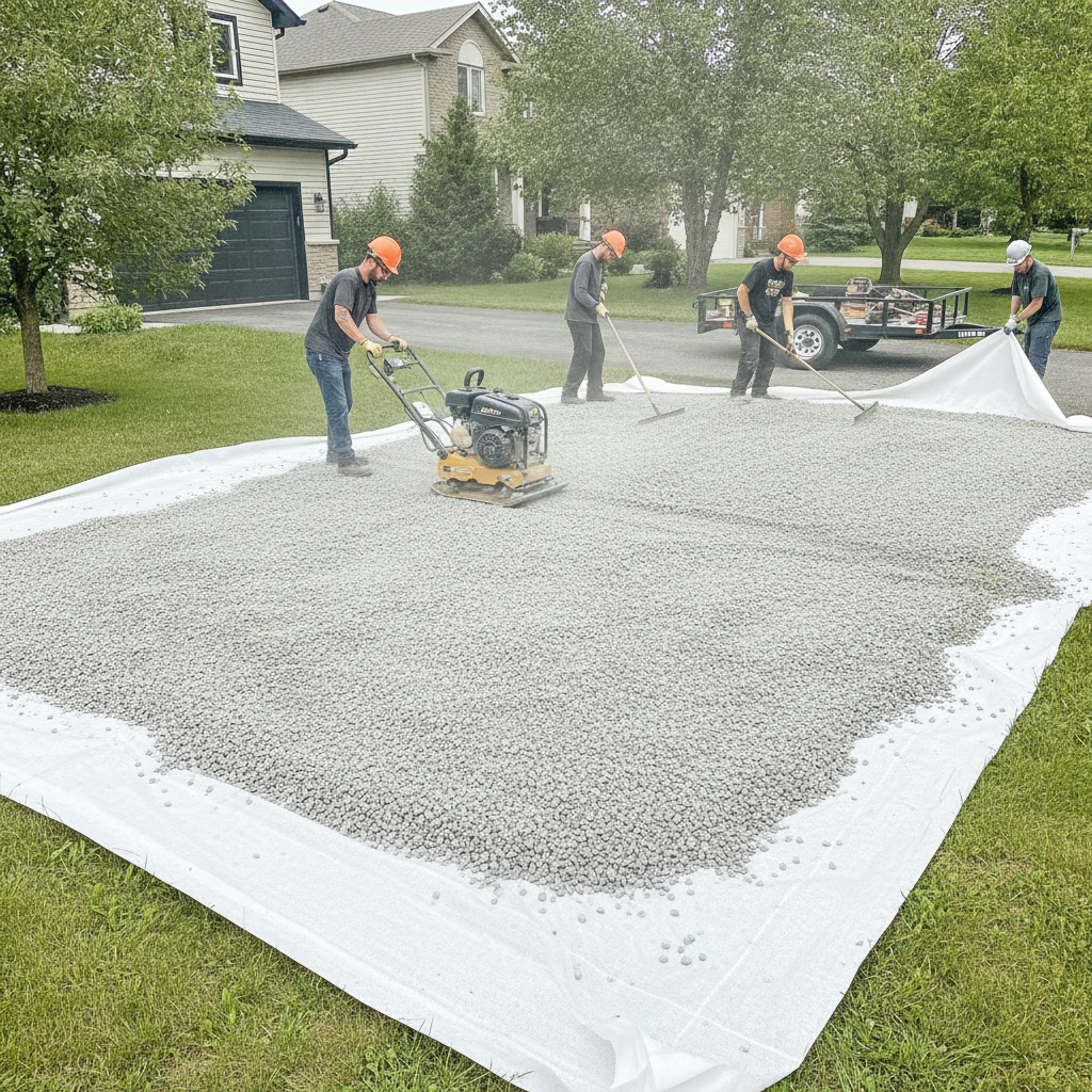 Crew compacting a gravel base over geotextile for a Mississauga driveway extension, side‑angle process shot