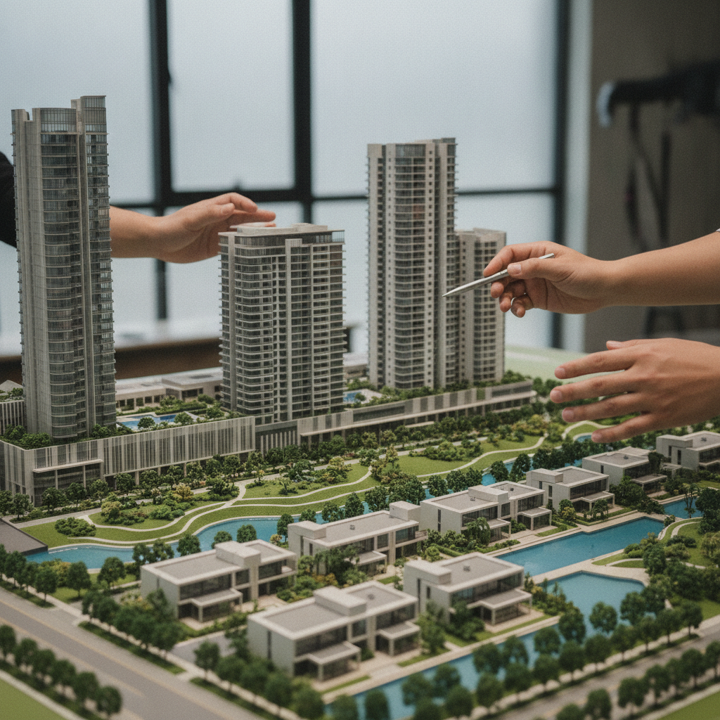 Architectural model close-up of premium off-plan development in the UAE, showing towers, villas, and landscaped parks