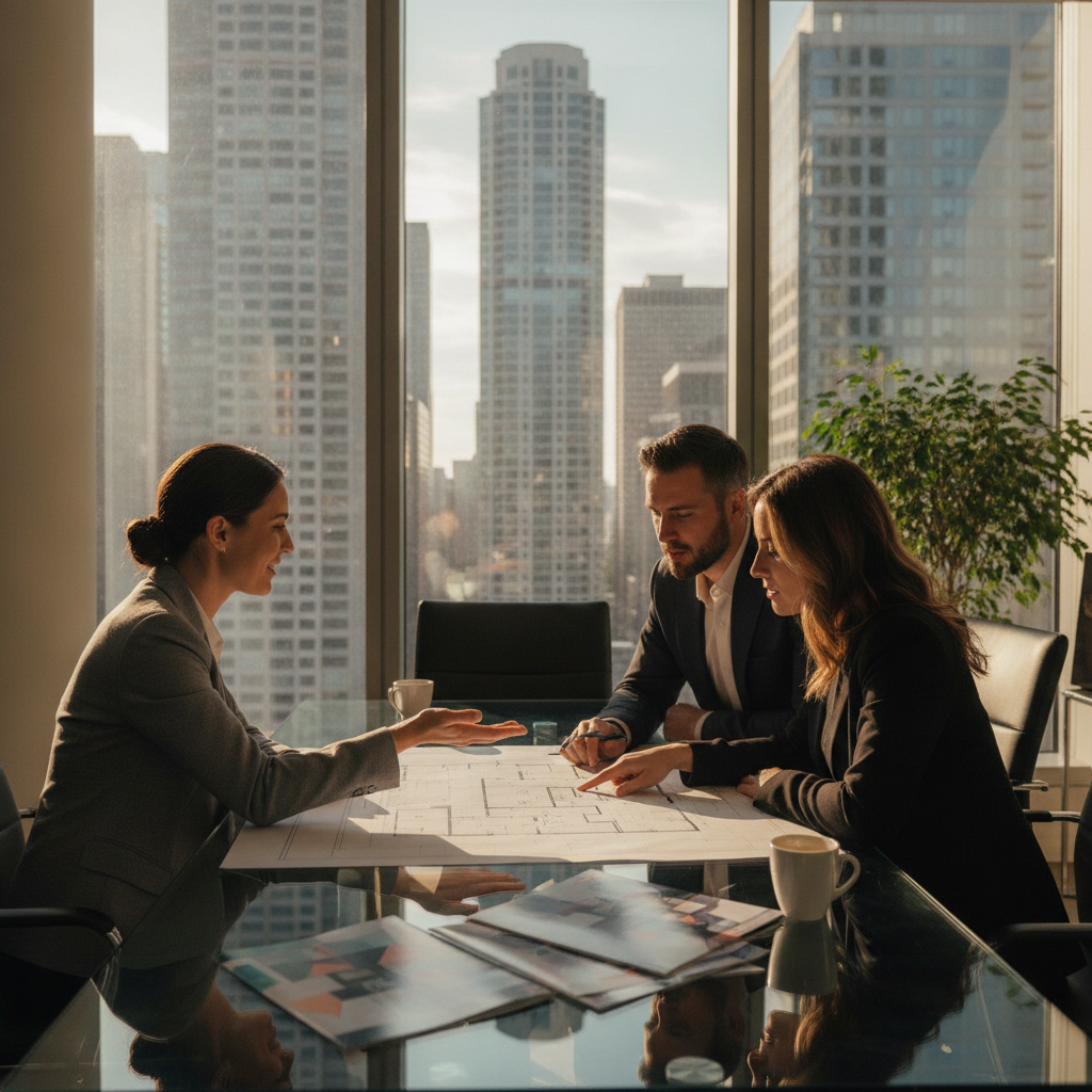 Advisor reviewing UAE off-plan brochures and floor plans with clients in a modern office