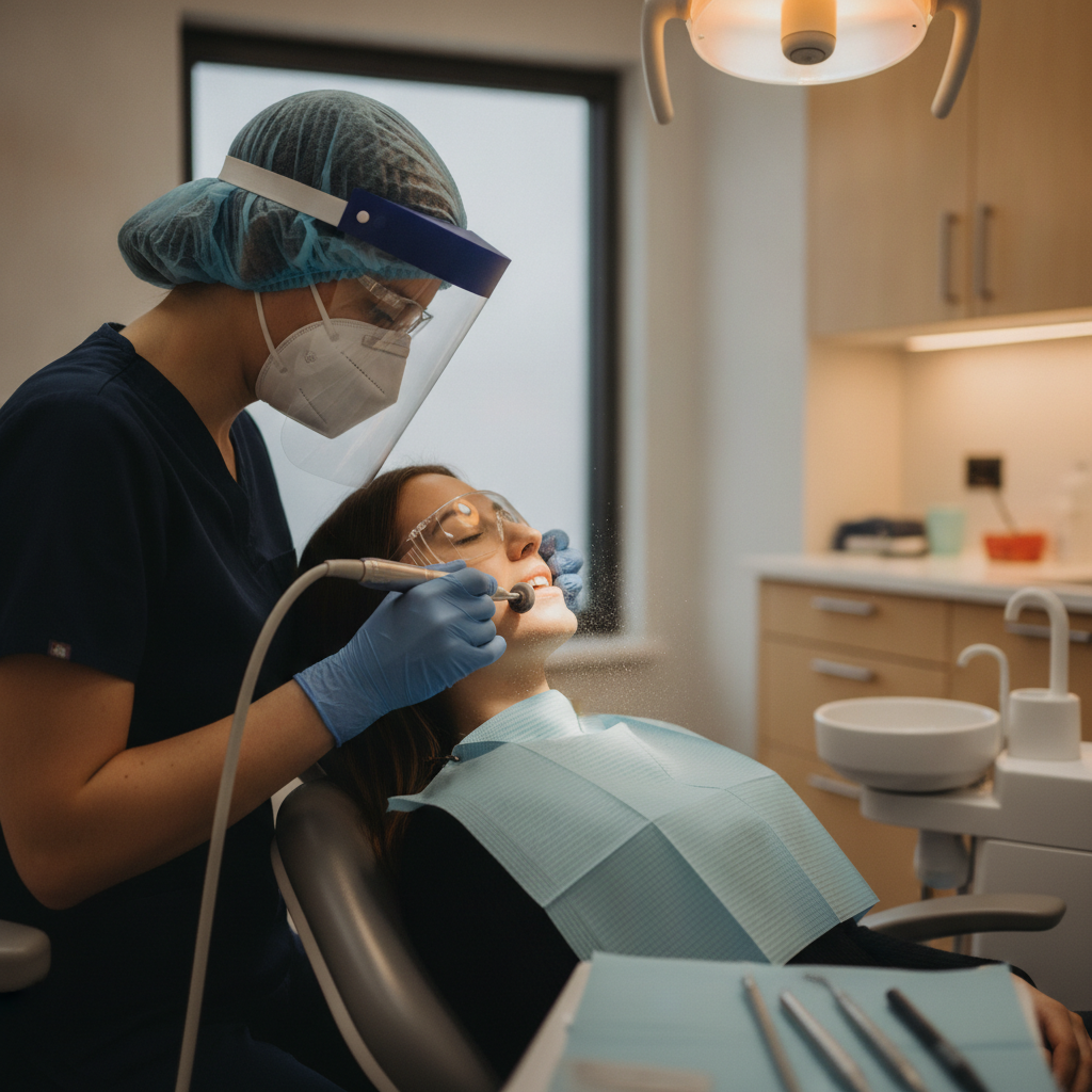 Dental hygienist polishing teeth during a Scarborough cleaning visit, emphasizing comfort and prevention value beyond teeth cleaning cost